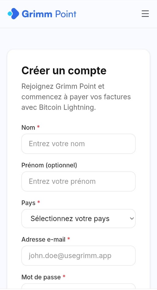 grimmpoint créer un compte sur mobile