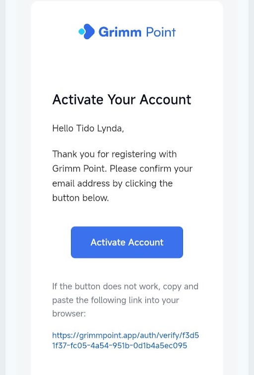 grimmpoint email confirmation sur mobile